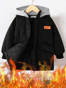 SHEIN Young Boy Letter Patched Detail Hooded Quilted Coat - Black - View 1
