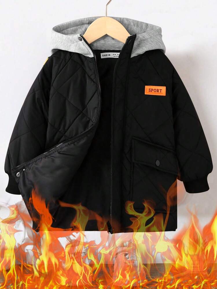 Young Boy Letter Patched Detail Hooded Quilted Coat