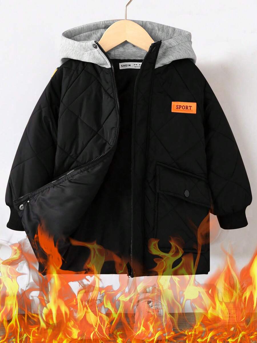 SHEIN Young Boy Letter Patched Detail Hooded Quilted Coat - Black - View 1