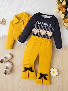 女嬰3件冬季黃色清涼甜美日常休閒套裝 - 彩色 - 查看 6