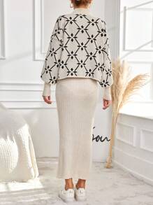 EURMUSE Women'S Stand Collar Drop Shoulder Knit Sweater Two Pieces Set - Apricot - View 2