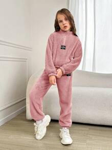 Tween Girl Cool Knitted Solid Color Stand Collar Two-Sided Fleece Half-Open Front Long Sleeve Outfit - Dusty Pink - View 4