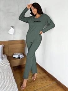 EURMUSE Slogan Ribbed Knit Lounge Set - Green - View 4