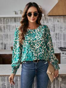 SHEIN LUNE 休閒女用全印花捲袖襯衫 - 綠色 - 查看 2