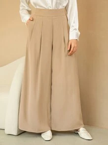 SHEIN BIZwear 女性高腰百摺寬褲 - 卡其色 - 查看 1