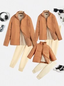 SHEIN Unity Women's High-Neck, Thick And Warm Coat, Long-Sleeved T-Shirt And Trousers Three-Piece Set For Daily Wear In Autumn And Winter