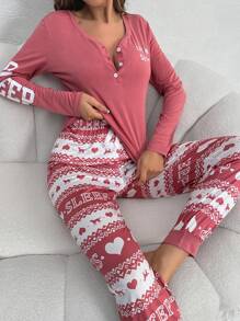 Women's Letter & Heart Printed Pajama Set Cozy And Elegant Details, Fall Winter Clothes - Watermelon Pink - View 3