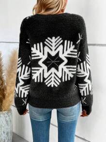 SHEIN LUNE 毛茸茸的毛衣,帶有雪花圖案,掉肩圓領款式 - 黑色 - 查看 2