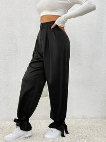 SHEIN LUNE Solid Color Pleated Pants With Ankle Ties Fall Cloth For Women - Black - View 5