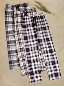 3 Pcs Women's Plaid Black & White Pajama Pants With Waist Bow Decoration - Multicolor - View 5