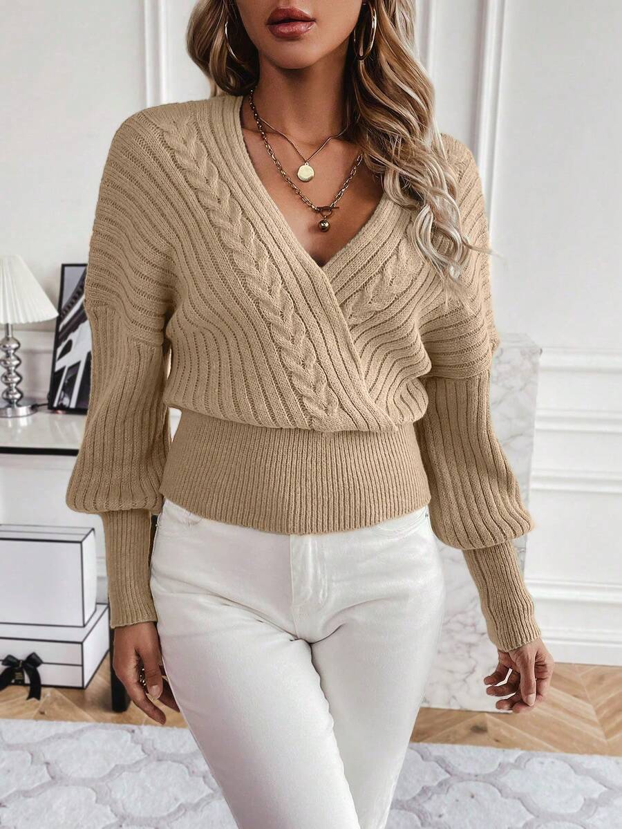 SHEIN Clasi Women's Solid Color V-neck Pullover Sweater - Khaki - View 1
