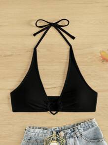SHEIN Swim قمة بيكيني عنق المثلث المزود بإبزيم للنساء مزينة بالقلب - الأسود - مشاهدة 3