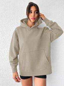 EURMUSE Felpa con cappuccio con tasca a marsupio spalle cadenti - Beige - Visualizzare 5