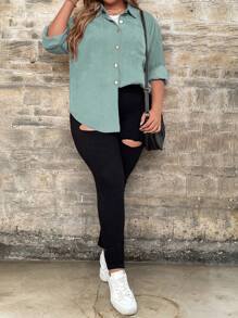 SHEIN LUNE 大尺碼單排釦休閒基礎襯衫 - 青碧色 - 查看 6