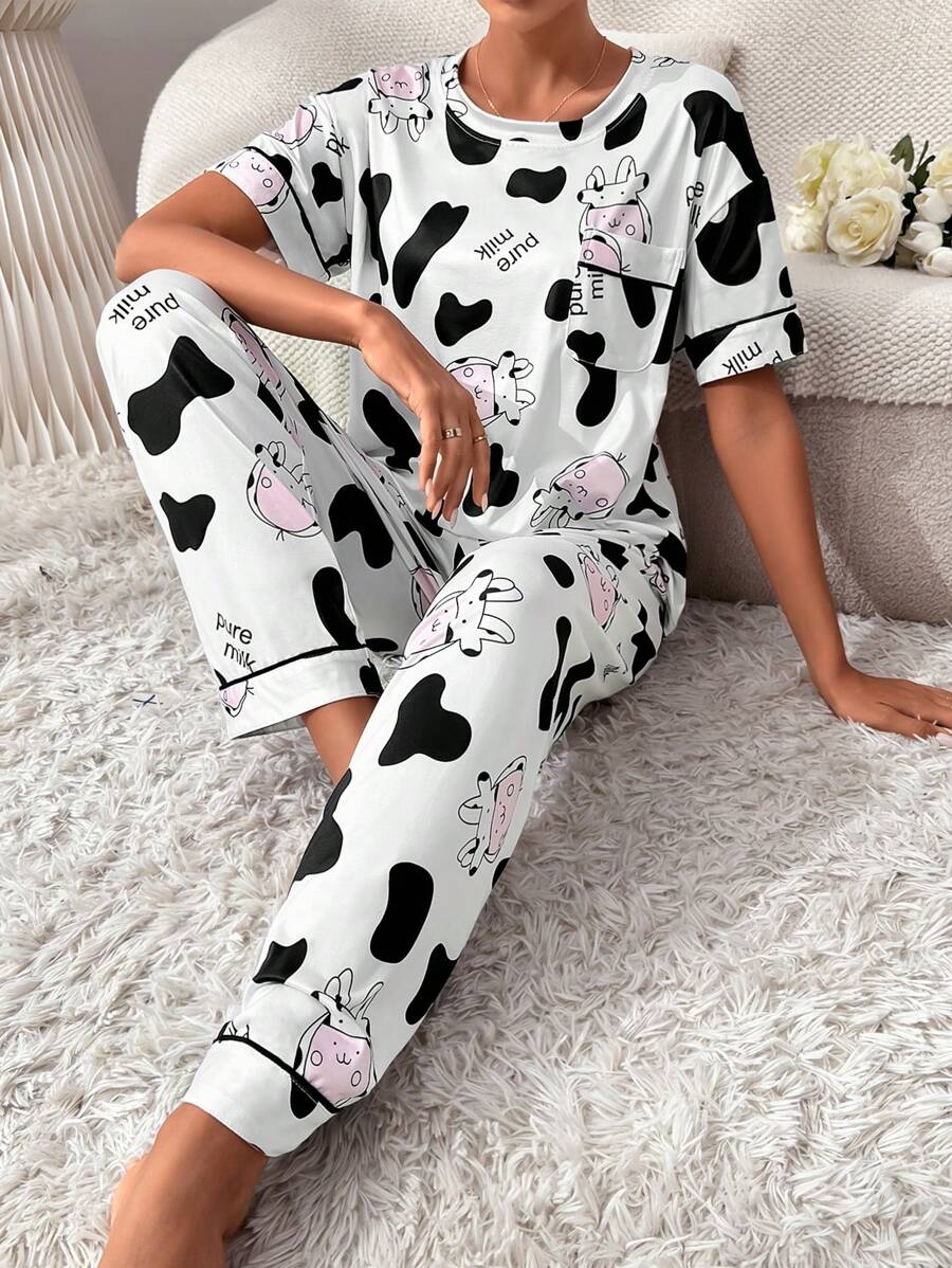 Women's Cartoon Cow Printed T-shirt And Long Pants Pyjama Set | SHEIN USA