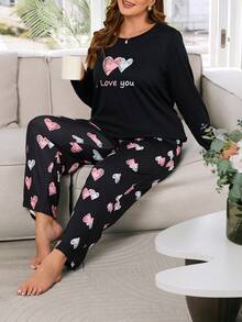 大尺碼柔軟布料心型印花睡衣套裝 - 黑色 - 查看 4