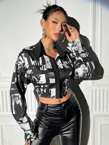 SHEIN Unity Của phụ nữ Mẫu In Trang phục làm việc Áo sơ mi Với Túi - Đen và trắng - Xem 3