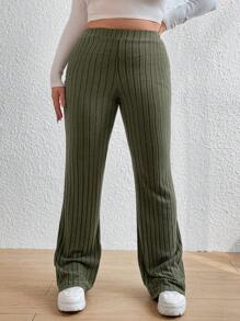Flirla Plus Size Ribbed Knit Flared Trousers - Army Green - View 5