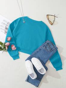 SHEIN Essnce Solid Color Slouchy Drop Shoulder Short Sweatshirt With Round Neck - Baby Blue - View 2