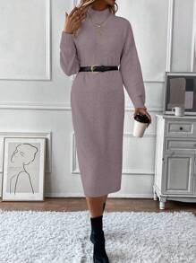 SHEIN Clasi Solid Color Stand Collar Drop Shoulder Long Sleeve Dress - Dusty Pink - View 6