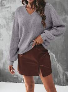 SHEIN Essnce V-Neck Drop Shoulder Sweater - Grey - View 5