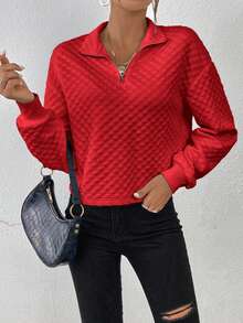 SHEIN Essnce 女款純色菱形落肩半拉鍊運動衫 - 紅色 - 查看 3