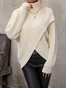 SHEIN LUNE 不对称下摆高领针织套头衫秋冬毛衣 - 米色 - 查看 4