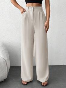 EURMUSE Solid Slant Pocket Wide Leg Suit Pants - Beige - View 1