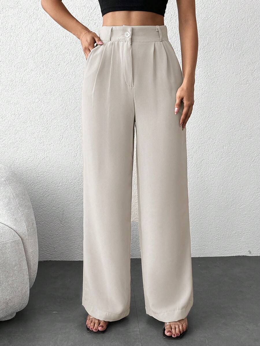 EURMUSE Solid Slant Pocket Wide Leg Suit Pants - Beige - View 1