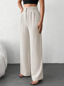 EURMUSE Solid Slant Pocket Wide Leg Suit Pants - Beige - View 5