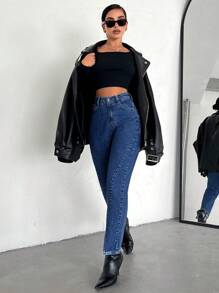 EURMUSE Split Hem Straight Leg Jeans - Blue - View 3