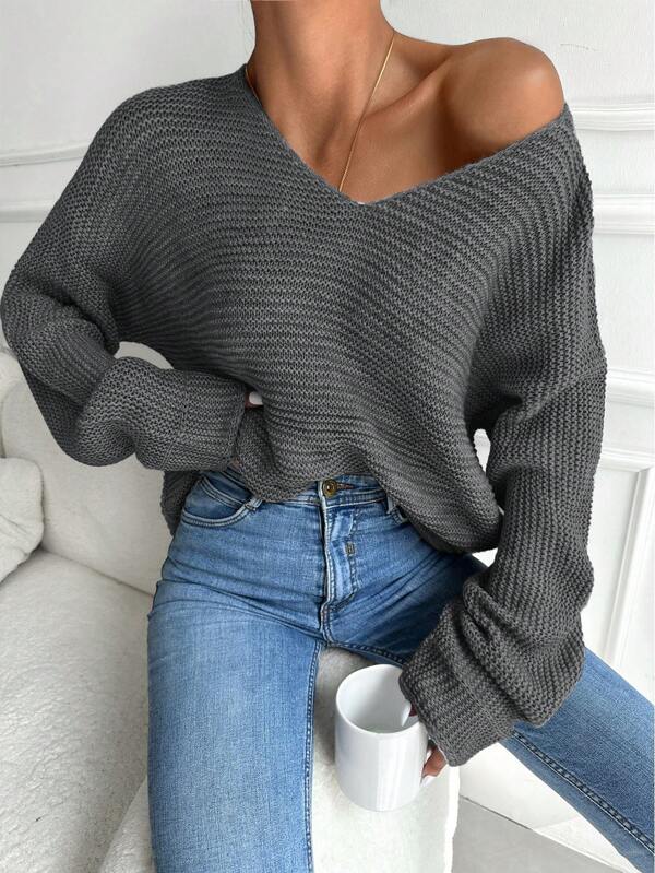 EURMUSE V Neck Drop Shoulder Sweater