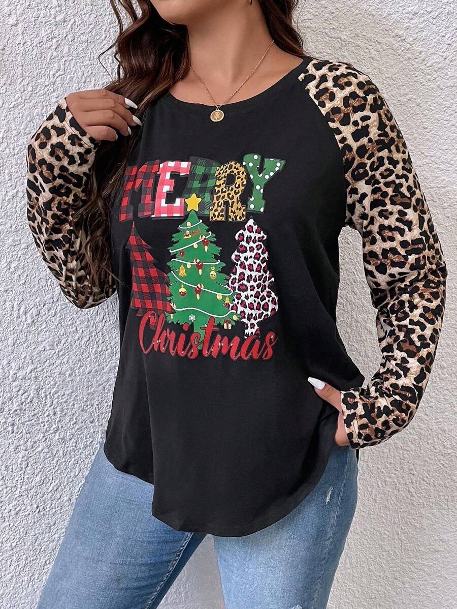 SHEIN LUNE Plus Christmas Tree & Slogan Graphic Raglan Sleeve Tee - Multicolor - View 1