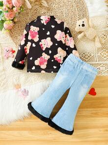 女婴熊印花半高领T恤搭配牛仔效果下摆喇叭裤两件套服装 - 黑色 - 查看 2