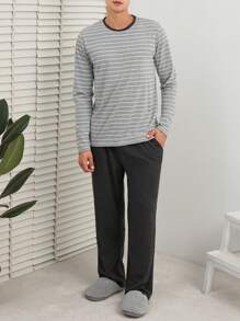 SHEIN Cottnline Men's Striped Homewear Set - Light Grey - View 5