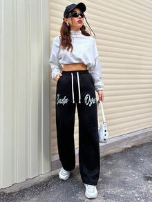 SHEIN Unity 女式字母印花抽绳腰部羊毛运动裤 - 黑色 - 查看 5