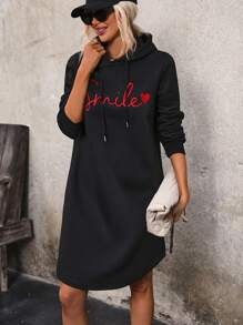 SHEIN LUNE Letter & Heart Embroidery Drawstring Hoodie - Black - View 1