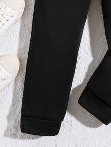 SHEIN 女童印花設計長褲,適合青少年 - 黑色 - 查看 4