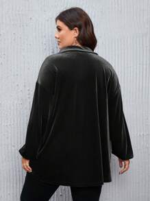 SHEIN LUNE 大码秋季女式圣诞纹理面料迷你格子法兰绒娃娃风格衬衫上衣宽松休闲衬衫上衣带袖衬衫，适合冬季 - 黑色 - 查看 2