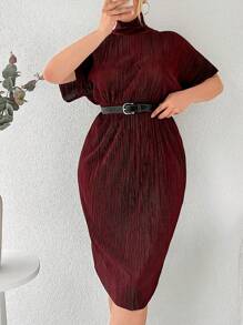 RueChic Plus High Neck Batwing Sleeve Dress Without Belt - Burgundy - View 4