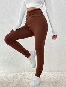 SHEIN Essnce Của phụ nữ Xếp li Eo Xà cạp - Cà phê nâu - Xem 3