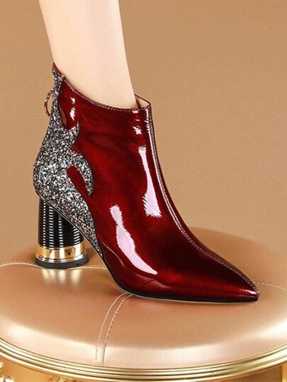 Women's Fashionable Colorful Patent Leather Patchwork Wine Red High-Heel Booties Pointed Toe Style Short Boots For Autumn And Winter Large Size,Boots For Women,Party Outfits