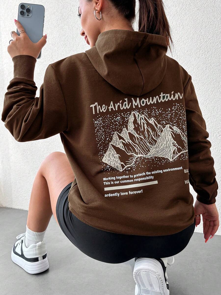 SHEIN Cottnline Women's Letter Pattern Hoodie - Brown - View 1