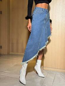 SHEIN BAE 女士不对称磨边牛仔半身裙 - 藍色 - 查看 3