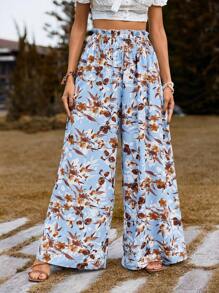 SHEIN VCAY 女款度假葉子印花寬腿長褲 - 藍色 - 查看 1