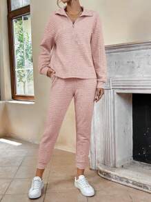 SHEIN LUNE Half Zip Drop Shoulder Sweatshirt & Sweatpants - Dusty Pink - View 5
