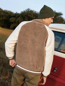 In My Nature Men Contrast Raglan Sleeve Striped Trim Outdoor Fleece Jacket - Khaki - View 2