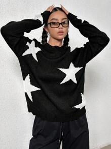 SHEIN Unity Hình sao Vòng cổ Áo chui đầu Áo len - màu đen - Xem 6