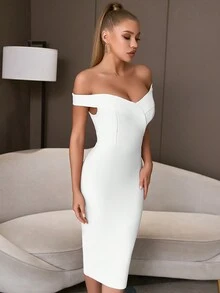 Off Shoulder High Waist Bandage Bodycon Party Dress - White - View 5