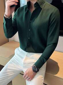 NITAGUT Men Solid Button Up Shirt - Dark Green - View 4